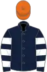 Dark blue, white hooped sleeves, orange cap