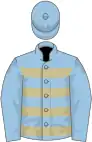 Light blue, beige hooped, light blue sleeves, light blue cap