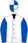 White, royal blue sleeves, quartered cap