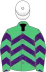 Emerald green, purple chevrons, white cap