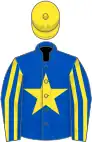 Royal blue, yellow star, striped sleeves, yellow cap