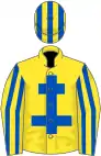 Yellow, royal blue cross of lorraine, striped sleeves and cap