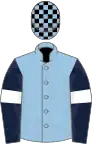 Light blue, dark blue sleeves, white armlets, black and light blue checked cap