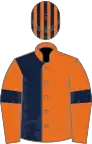 Orange and dark blue (halved), orange sleeves, blue armlets, striped cap