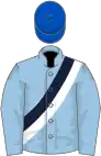 Light blue, dark blue and white sash, royal blue cap