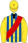 Yellow, royal blue stripes, red sash, yellow sleeves, yellow cap