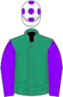Emerald green, violet sleeves and spots on white cap