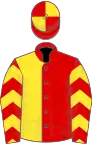 Red and yellow (halved), hooped sleeves, quartered cap