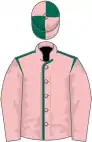 Pink, dark green seams on body, quartered cap