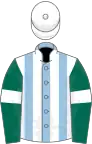 Light blue and white stripes, dark green sleeves, white armlets, white cap
