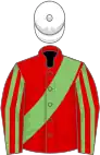 Red, light green sash, striped sleeves, white cap