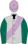 Light grey, dark green sleeves, lilac sash and cap