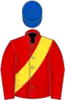 Red, yellow sash, royal blue cap