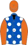 Royal blue, white spots, orange sleeves and cap