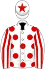White, red spots, striped sleeves and star on cap