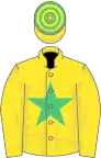 Yellow, emerald green star, hooped cap