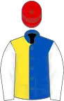 Royal blue and yellow halved, white sleeves, red cap