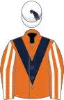 Orange, dark blue chevron, orange and white striped sleeves,white cap, dark blue tassel