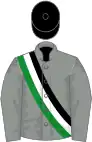 Grey, black, white and green sash, black cap