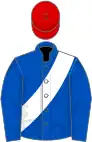 Royal blue, white sash, red cap