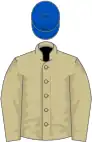 Beige, royal blue cap