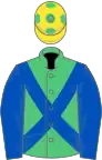 Emerald green,royal blue cross sashes,royal blue sleeves,yellow cap,green spots