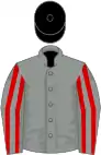 Grey, red striped sleeves, black cap