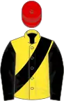 Yellow, black sash and sleeves, red cap