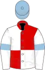 Red and white (quartered), white sleeves, light blue armlets, light blue cap