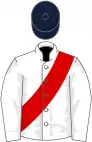 White, red sash, white sleeves, dark blue cap