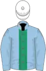 Light blue, emerald green panel, white cap