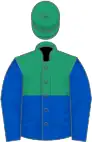 Emerald green and royal blue (halved horizontally), royal blue sleeves, emerald green cap