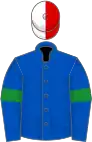 Royal blue, green armlets, red and white halved cap