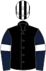 Black, dark blue sleeves, white armlets, black and white striped cap