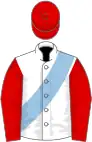 White, light blue sash, red sleeves and cap