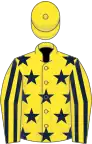 Yellow, dark blue stars, striped sleeves, yellow cap