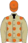 Beige, orange spots, beige sleeves, orange cap