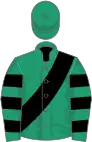 EMERALD GREEN, black sash, hooped sleeves, emerald green cap