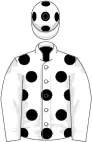 White, black spots, white sleeves, white cap, black spots