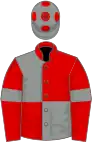 Red and grey (quartered), red sleeves, grey armlets, grey cap, red spots