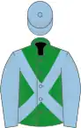 Green, light blue cross-belts, light blue sleeves and cap