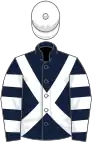 Dark blue, white cross belts, hooped sleeves, white cap