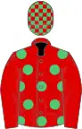 Red, emerald green spots, red sleeves, check cap