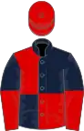 Dark blue and red quartered, halved sleeves, red cap