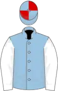 Light blue, white sleeves, light blue and red quartered cap