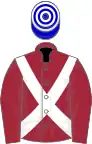 Maroon, white cross-belts, blue and white hooped cap