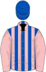 Royal blue and pink stripes, pink sleeves, royal blue cap