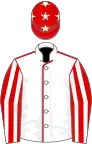 WHITE, red seams, red and white striped sleeves, red cap, white stars