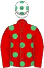 Red, emerald green spots, red sleeves, white cap, emerald green spots