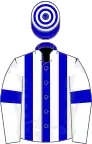 Blue and white stripes, white sleeves, blue armlets, hooped cap